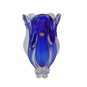 Vintage Bohemia Josef Hospodka Czech Art Glass Vase Cobalt Blue & Clear MCM